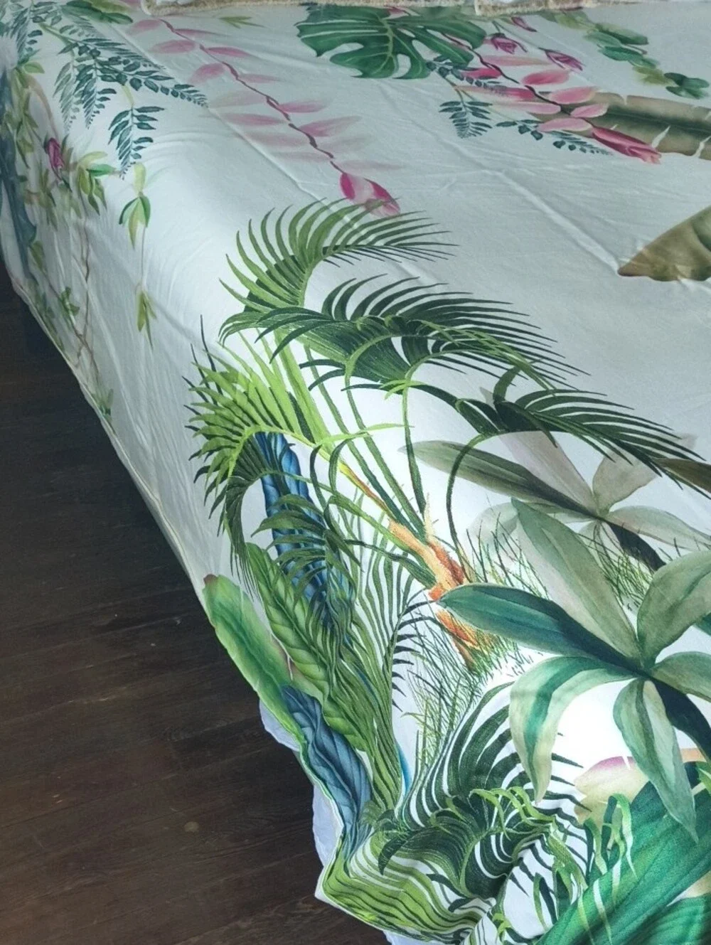 Tropical Botanical Print Queen Duvet Cover - Cream with Green and Pink
